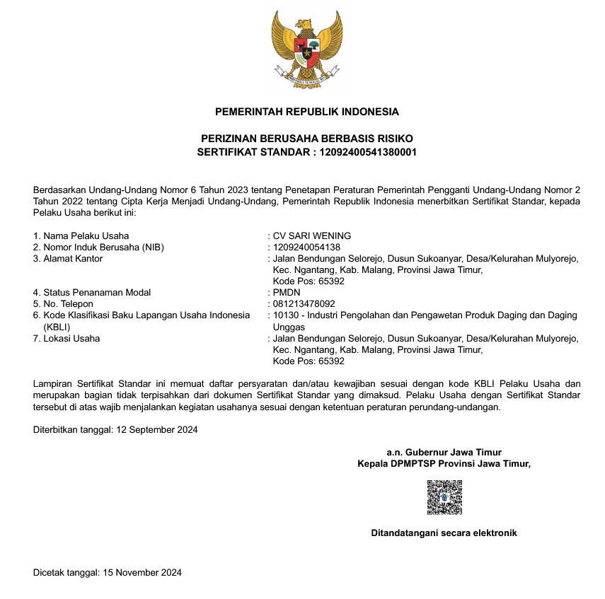 Sertifikasi CV. Sari Wening
